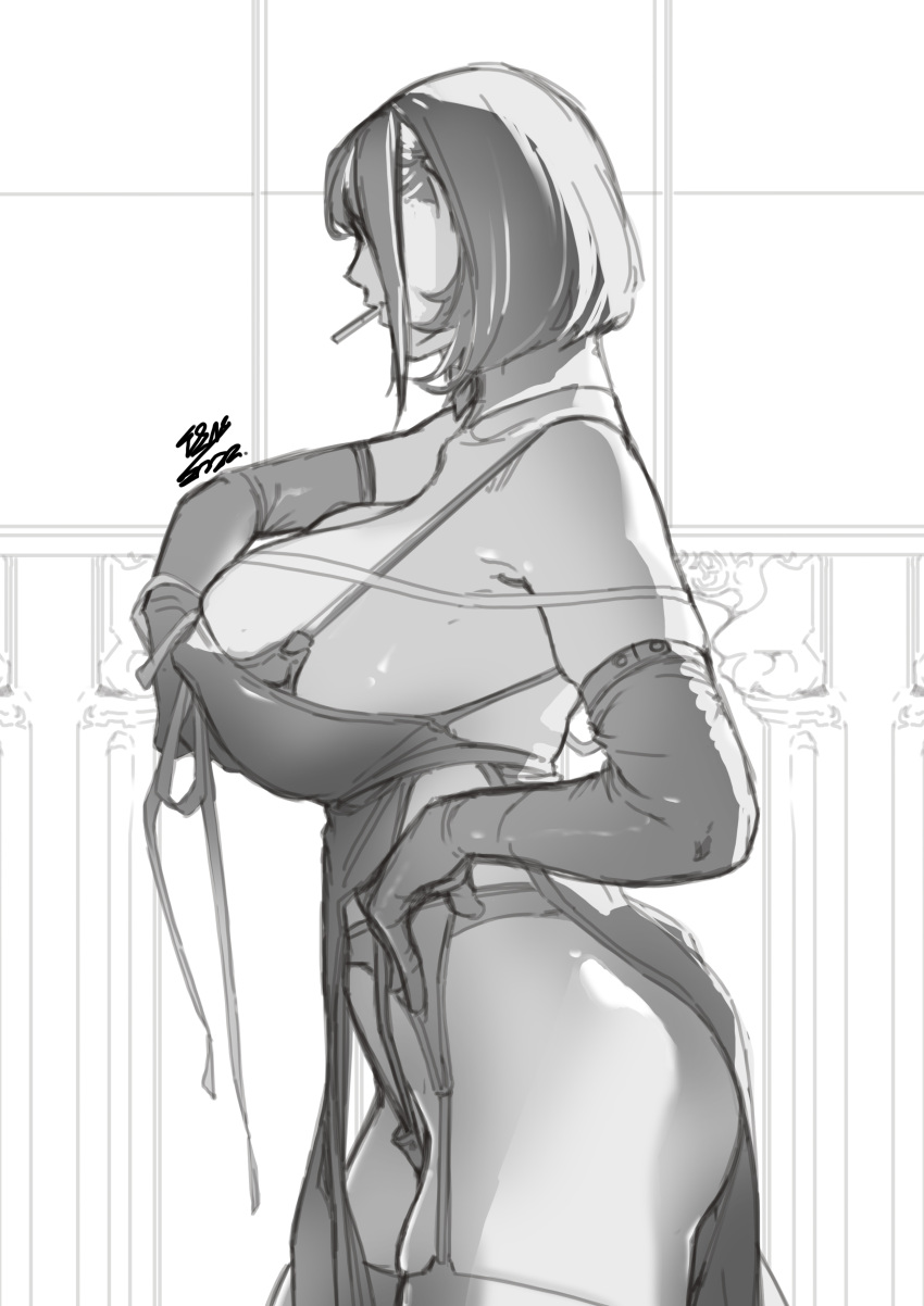 1girl absurdres bangs bare_shoulders breasts cigarette covered_nipples curvy dress elbow_gloves evening_gown from_side garter_belt garter_straps gloves greyscale highres huge_breasts monochrome original short_hair sideboob sidelocks thighhighs unfinished zuoteng_lucha