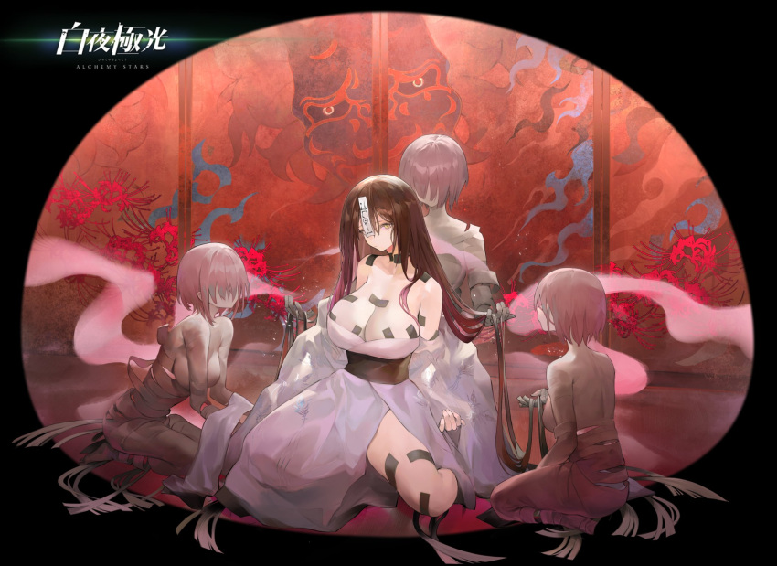 1girl alchemy_stars bandages bangs bare_shoulders black_hair breasts cleavage closed_mouth copyright_name detached_sleeves dress full_body highres jiangshi kayano_(alchemy_stars) kneeling koio large_breasts long_hair mummy official_art ofuda sash sliding_doors strapless strapless_dress tearing_up white_dress yellow_eyes