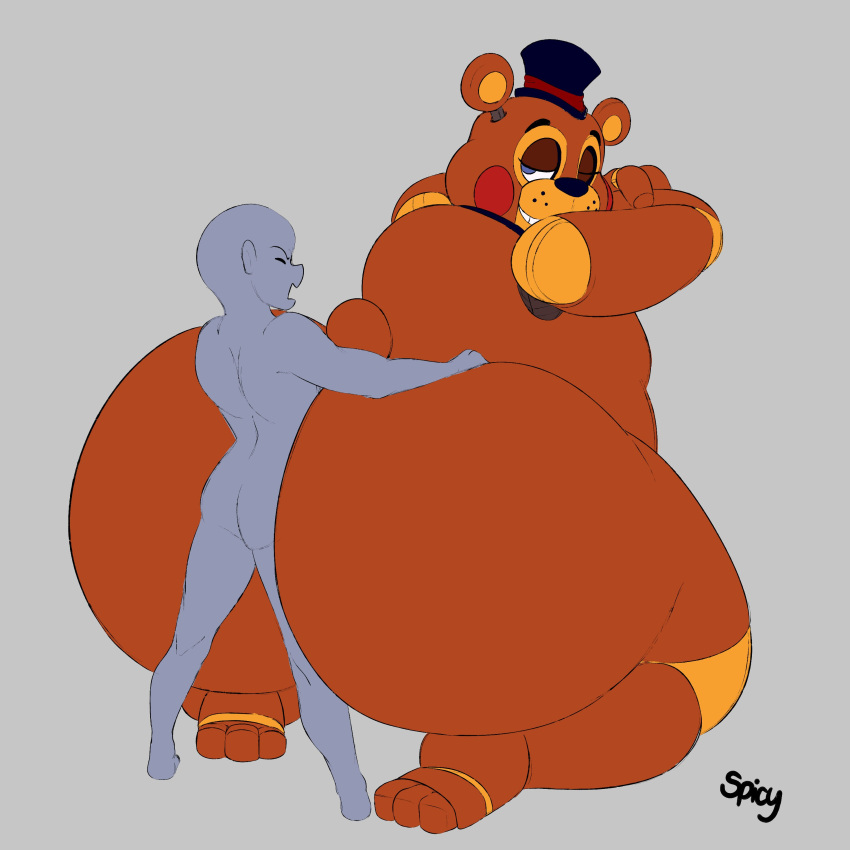 absurd_res animatronic anthro big_butt blue_eyes brown_body brown_fur butt clothing duo faceless_character faceless_male five_nights_at_freddy's five_nights_at_freddy's_2 fur girly grey_background hat headgear headwear hi_res machine male male/male mammal multicolored_body multicolored_fur overweight overweight_male paws robot rosy_cheeks scottgames simple_background smile spicysausages top_hat toy_freddy_(fnaf) ursid video_games