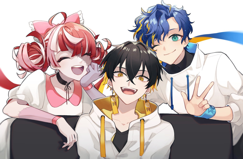 1girl 2boys ahoge aqua_eyes astel_leda black_choker black_hair black_ribbon blonde_hair blue_hair bow choker closed_eyes closed_mouth collarbone colored_skin double_bun earrings echo_(k_521212) eyebrows_visible_through_hair frilled_bow frills grey_background grey_skin hair_between_eyes hair_bun head_rest highres hololive hololive_indonesia holostars jacket jewelry kureiji_ollie long_hair multicolored_hair multiple_boys one_eye_closed open_mouth patchwork_skin pink_bow pink_hair pink_skin red_hair ribbon simple_background slit_pupils smile star_(symbol) star_print stitches streaked_hair teeth tongue turtleneck upper_teeth w white_hair white_jacket wristband yatogami_fuma yellow_eyes