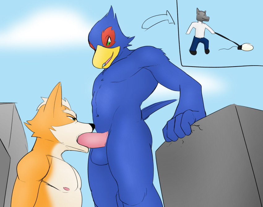 avian bird blue_body building canid canine erection falco_lombardi fellatio fox fox_mccloud genitals hi_res jrjresq low-angle_view lying macro male male/male mammal nintendo oral penile penis sex siman-clifton simple_background sperm_cell star_fox video_games