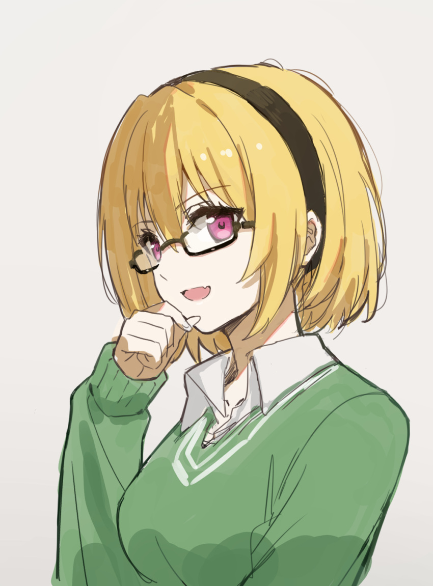 1girl :d black_hairband blonde_hair collared_shirt eyebrows_visible_through_hair fang glasses green_shirt hairband hand_on_own_face highres higurashi_no_naku_koro_ni houjou_satoko long_sleeves looking_at_viewer portrait purple_eyes semi-rimless_eyewear shirt short_hair smile solo usamin_(artist)