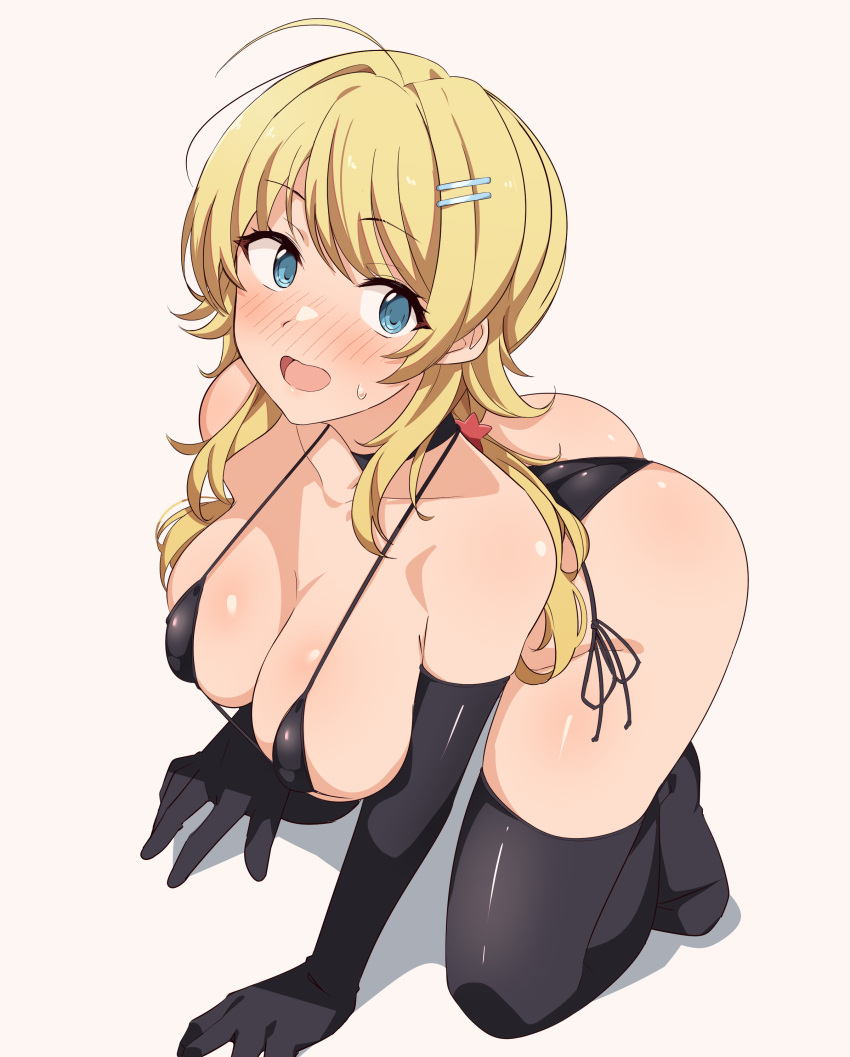 1girl absurdres ahoge all_fours ass bangs bikini black_bikini black_choker black_gloves black_legwear blonde_hair blue_eyes blush breasts choker cleavage elbow_gloves eyebrows_visible_through_hair full_body gloves hachimiya_meguru hair_ornament hairclip highres idolmaster idolmaster_shiny_colors large_breasts looking_at_viewer low_twintails micro_bikini open_mouth seihekiog side-tie_bikini simple_background smile solo star_(symbol) star_hair_ornament string_bikini swimsuit thighhighs twintails