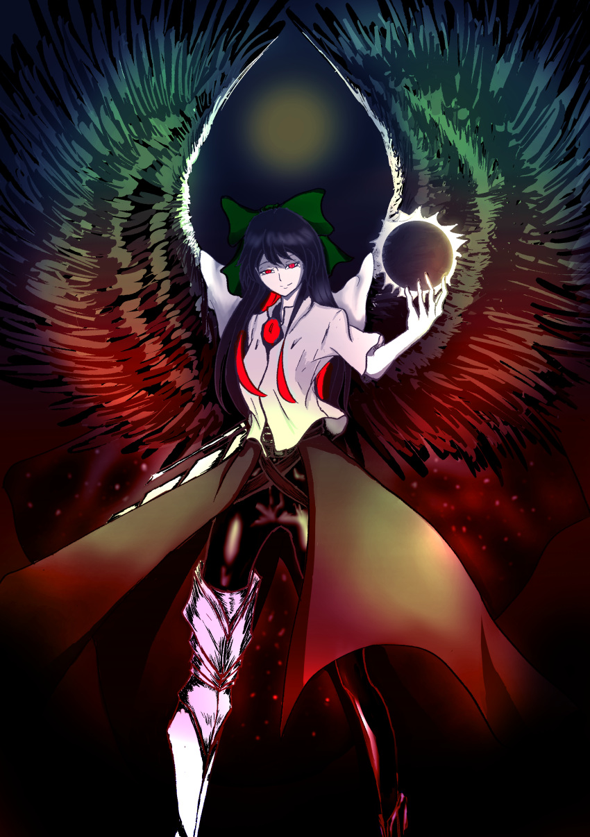 1girl absurdres black_hair black_sun bow closed_mouth collared_shirt dark_background green_bow hair_bow highres red_eyes reiuji_utsuho shirt smile sun touhou weedhollow_(dokuran) wings