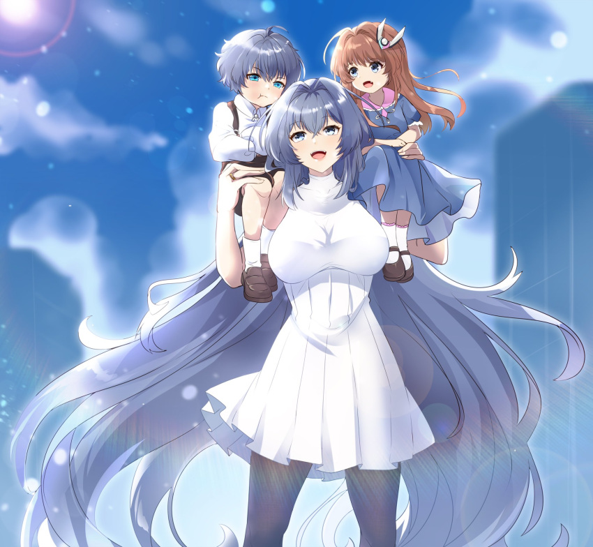 1boy 2girls ahoge azur_lane black_footwear black_legwear blue_dress blue_eyes blue_hair brown_hair commander_cool commentary dress eyebrows_visible_through_hair fang hair_between_eyes hair_ornament highres jewelry long_hair mother_and_daughter mother_and_son multiple_girls new_jersey_(azur_lane) open_mouth pantyhose ring short_hair sidelocks socks teeth upper_teeth very_long_hair wedding_band white_dress white_legwear