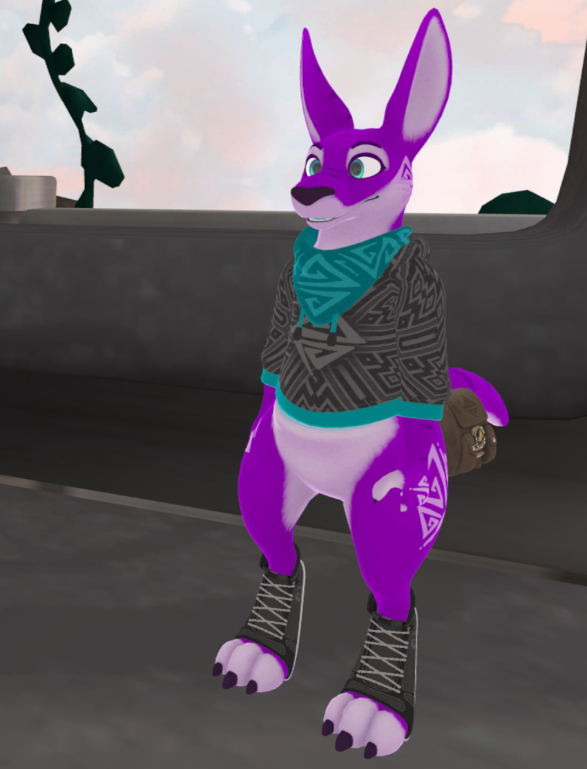 3_toes accessory anthro bag bandana_on_neck beans_(disambiguation) big_ears big_feet big_nose big_tail blue_eyes clothing feet footwear fur fur_markings furgonomics hi_res hoodie kangaroo macropod male male/male mammal markings marsupial nails purple_body shoes smile solo tail_accessory tail_bag toes topwear vr_(disambiguation) vr_avatar vrchat wide_hips