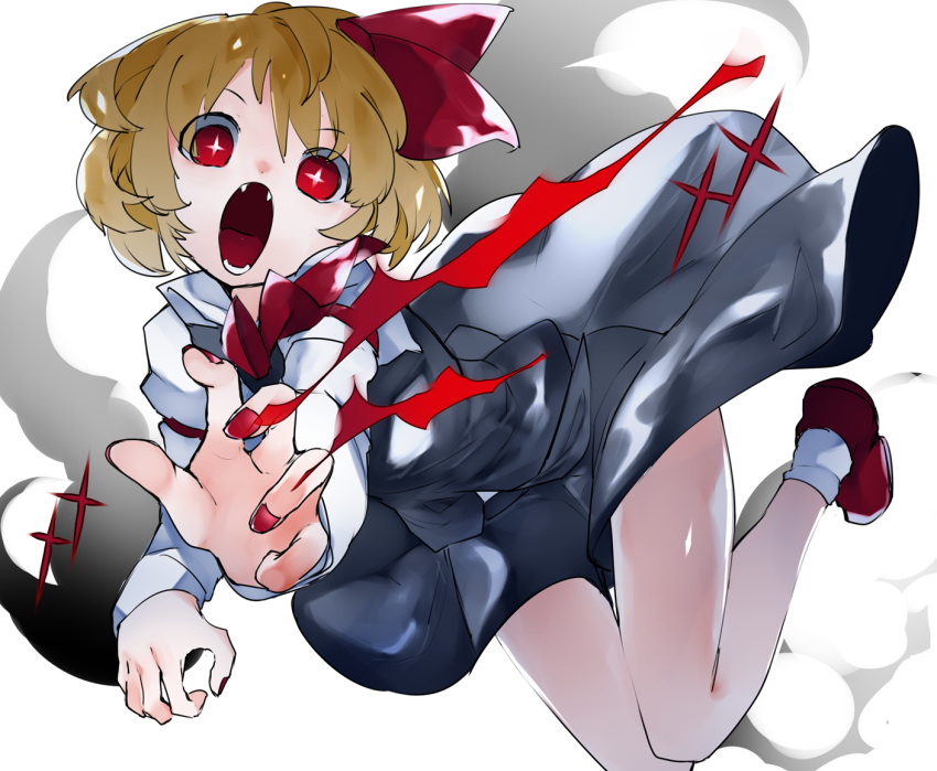 +_+ 1girl ascot black_dress black_skirt blonde_hair claw_pose collared_shirt dress fang hair_ribbon ikurauni long_sleeves looking_at_viewer open_mouth puffy_sleeves red_ascot red_eyes red_footwear red_nails red_ribbon ribbon rumia shirt short_hair simple_background skirt socks solo touhou vest white_background white_legwear white_shirt youkai