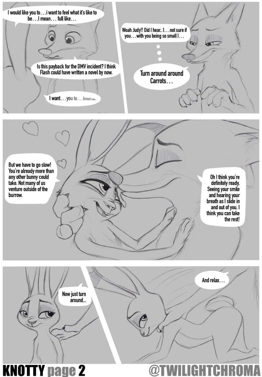&lt;3 2022 all_fours anthro anthro_on_anthro black_and_grey canid canine comic dialogue disney duo english_text eyes_closed face_lick female fox grey_background hi_res imminent_sex interspecies judy_hopps lagomorph leporid licking male male/female mammal monochrome nick_wilde nude predator/prey rabbit simple_background sketch text tongue tongue_out twilightchroma zootopia