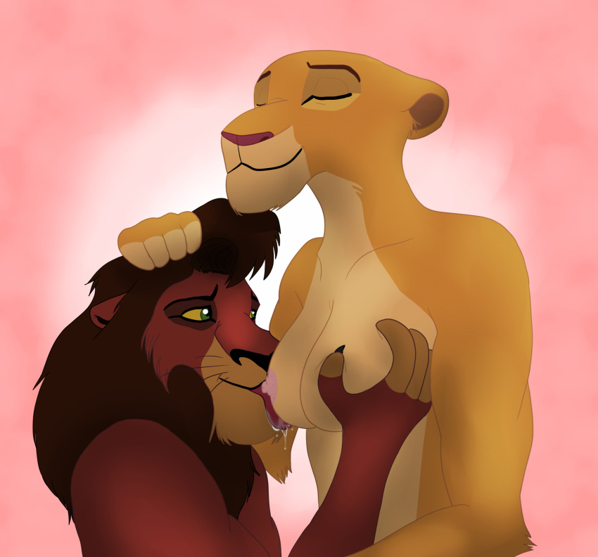 anthro bodily_fluids breast_grab breast_lick breast_play breasts brown_body brown_fur conditional_dnp disney duo felid female fur giftheck green_eyes hand_on_breast hi_res kiara kovu licking lion male male/female mammal nipple_fetish nipple_lick nipple_play nipples pantherine pink_nipples saliva smile the_lion_king tongue tongue_out yellow_body yellow_fur