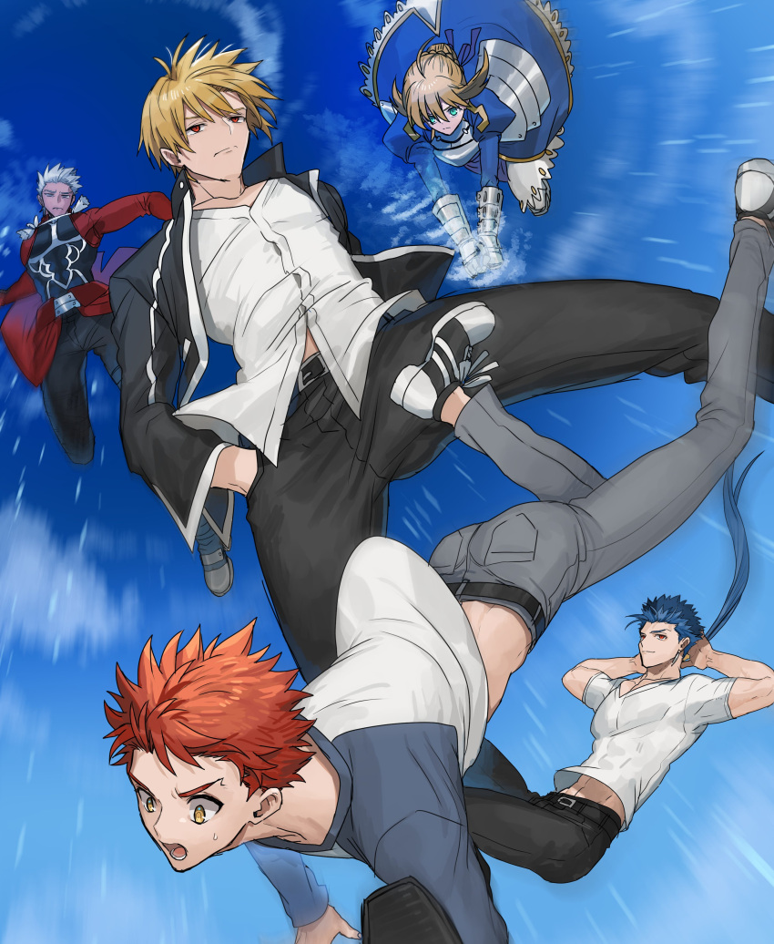 1girl 4boys absurdres ahoge archer_(fate) armor armored_dress artoria_pendragon_(fate) bangs belt black_footwear black_jacket black_pants blonde_hair blue_dress blue_hair blue_ribbon blue_sky braid closed_mouth commentary_request cropped_jacket cu_chulainn_(fate) cu_chulainn_(fate/stay_night) dark-skinned_male dark_skin dress earrings emiya_shirou eyebrows_behind_hair falling fate/stay_night fate_(series) foot_out_of_frame french_braid from_below frown gauntlets gilgamesh_(fate) gilgamesh_(immoral_biker_jacket)_(fate) green_eyes grey_pants hair_between_eyes hair_ribbon highres invisible_air_(fate) jacket jewelry long_hair looking_at_another looking_at_viewer looking_down looking_up multiple_boys none_(kameko227) open_mouth orange_hair outdoors pants ponytail red_eyes red_jacket ribbon saber shirt short_hair sky sweatdrop teeth tongue white_hair white_shirt yellow_eyes