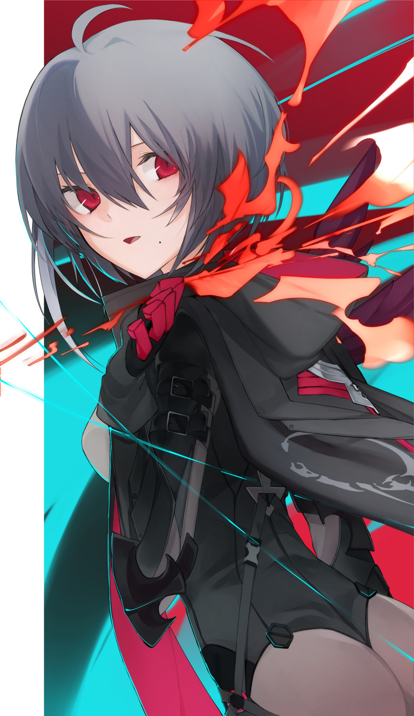 1girl :o absurdres ass bangs black_bodysuit black_cape black_hair bodysuit cape highres honkai_(series) honkai_impact_3rd looking_at_viewer looking_back mole mole_under_mouth open_mouth raven_(honkai_impact_3rd) red_eyes short_hair solo soudayu