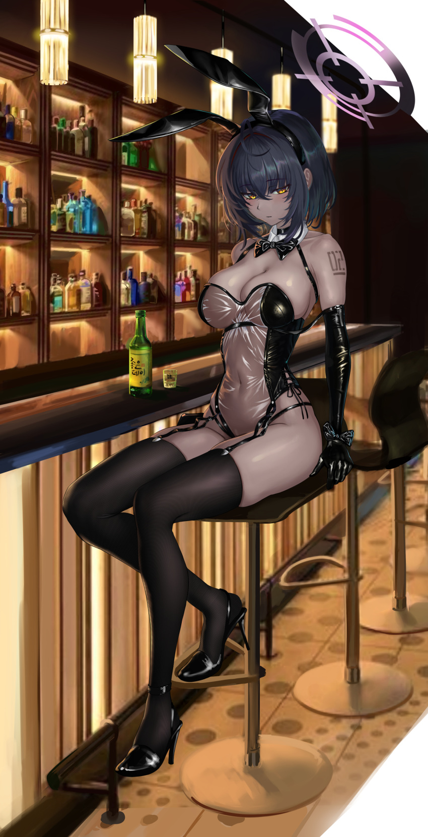 1girl absurdres ahoge alcohol animal_ears b-pang bangs bar bar_stool bare_shoulders black_footwear black_gloves black_legwear black_neckwear blue_archive blue_hair blush bottle bow bowtie breasts chair cleavage closed_mouth counter covered_navel cup dark_skin detached_collar drinking_glass eyebrows_visible_through_hair fake_animal_ears full_body garter_straps gloves hair_between_eyes hairband halo high_heels highleg highres indoors karin_(blue_archive) large_breasts leotard liquor looking_at_viewer playboy_bunny rabbit_ears see-through see-through_leotard short_hair sidelocks sitting skindentation solo stool strapless strapless_leotard table tan thighhighs thighs wrist_cuffs yellow_eyes