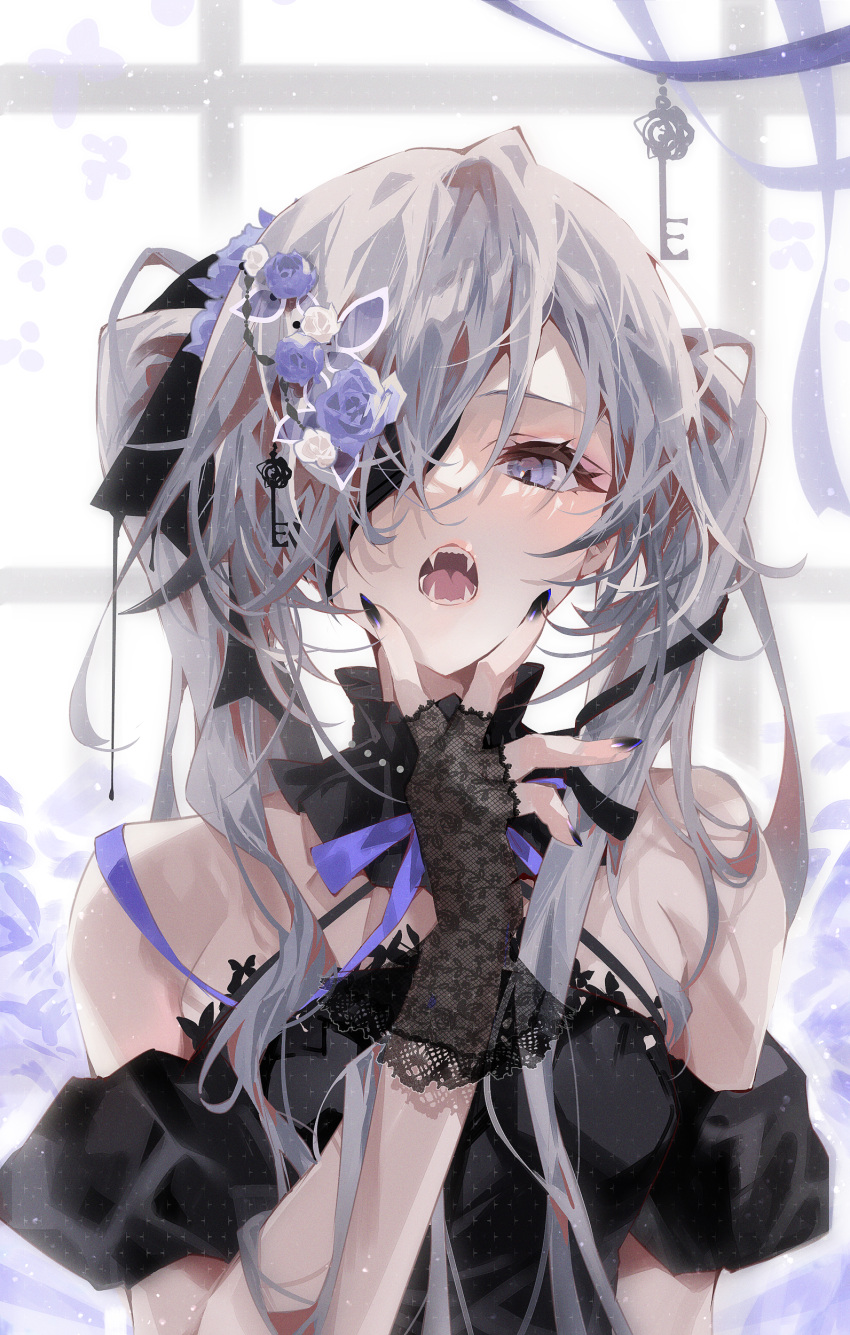 1girl absurdres arutera banned_artist bare_shoulders black_dress black_nails dress eyepatch fingerless_gloves flower gantai-chan gloves hair_flower hair_ornament hair_over_one_eye highres key lace lace_gloves long_hair looking_at_viewer nail_polish open_mouth original purple_eyes purple_ribbon ribbon short_sleeves silver_hair solo twintails upper_body