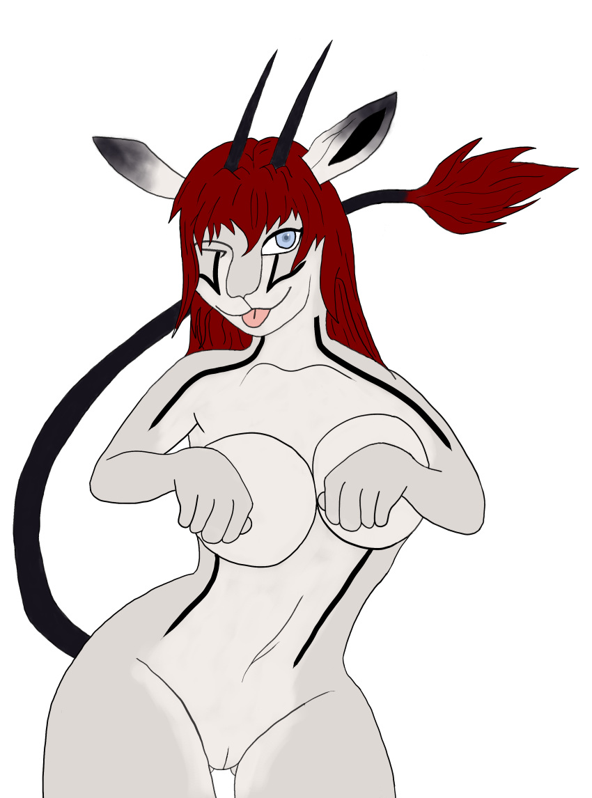 absurd_res anonymous_artist antelope anthro bovid female fur genitals grazing_antelope hair hi_res looking_at_viewer mammal one_eye_closed oryx paw_pose playful pose presenting pussy red_hair seductive solo veronica_noble white_body white_fur wink winking_at_viewer