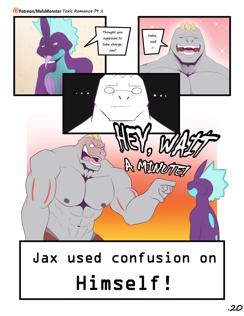 abs absurd_res anthro clothed clothing comic dialogue duo english_text gesture hi_res jax_(mels_monster) low_key_toxtricity machoke male male/male mels_monster_(artist) muscular muscular_male navel nintendo nipples owen_(mels_monster) pecs pointing pointing_at_another pok&eacute;mon pok&eacute;mon_(species) text tongue tongue_out topless toxtricity video_games