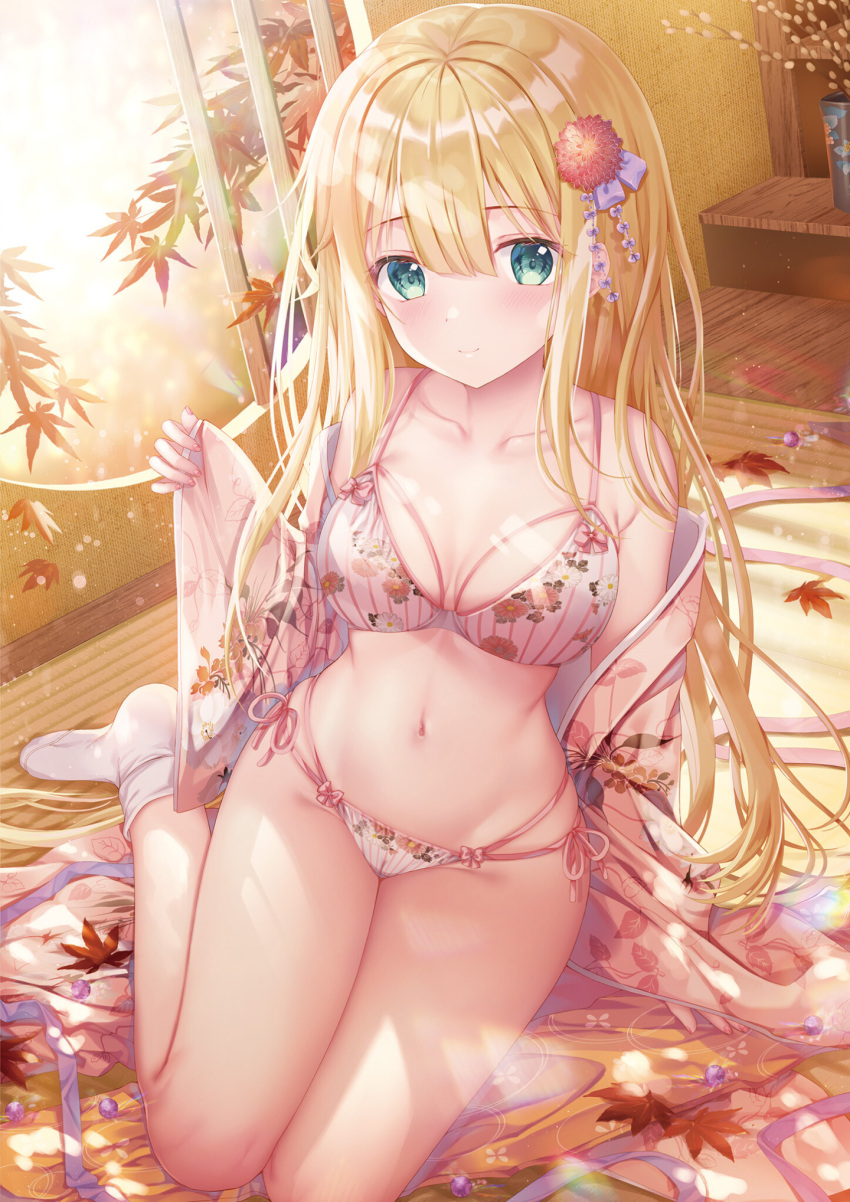 1girl bangs blonde_hair bra breasts collarbone dengeki_moeou eyebrows_visible_through_hair green_eyes hair_between_eyes hair_ornament highres inagaki_minami indoors japanese_clothes kimono leaf long_hair looking_at_viewer navel open_clothes open_kimono open_shirt original panties print_bra print_kimono simple_background sitting small_breasts smile solo sousouman string_panties sunlight tattoo twinbox_school underwear white_background white_bra white_legwear wide_sleeves window