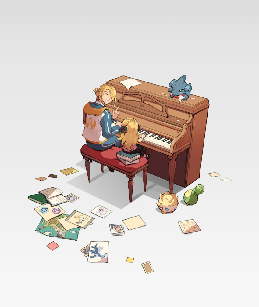 1boy 1girl absurdres blonde_hair book budew closed_eyes commentary cynthia_(pokemon) gible hair_ornament hand_up happy highres hood hood_down index_finger_raised instrument long_hair long_sleeves music norue paper photo_(object) piano playing_instrument pokemon pokemon_(creature) pokemon_(game) pokemon_dppt pokemon_legends:_arceus shoes sitting smile togepi volo_(pokemon) white_background younger