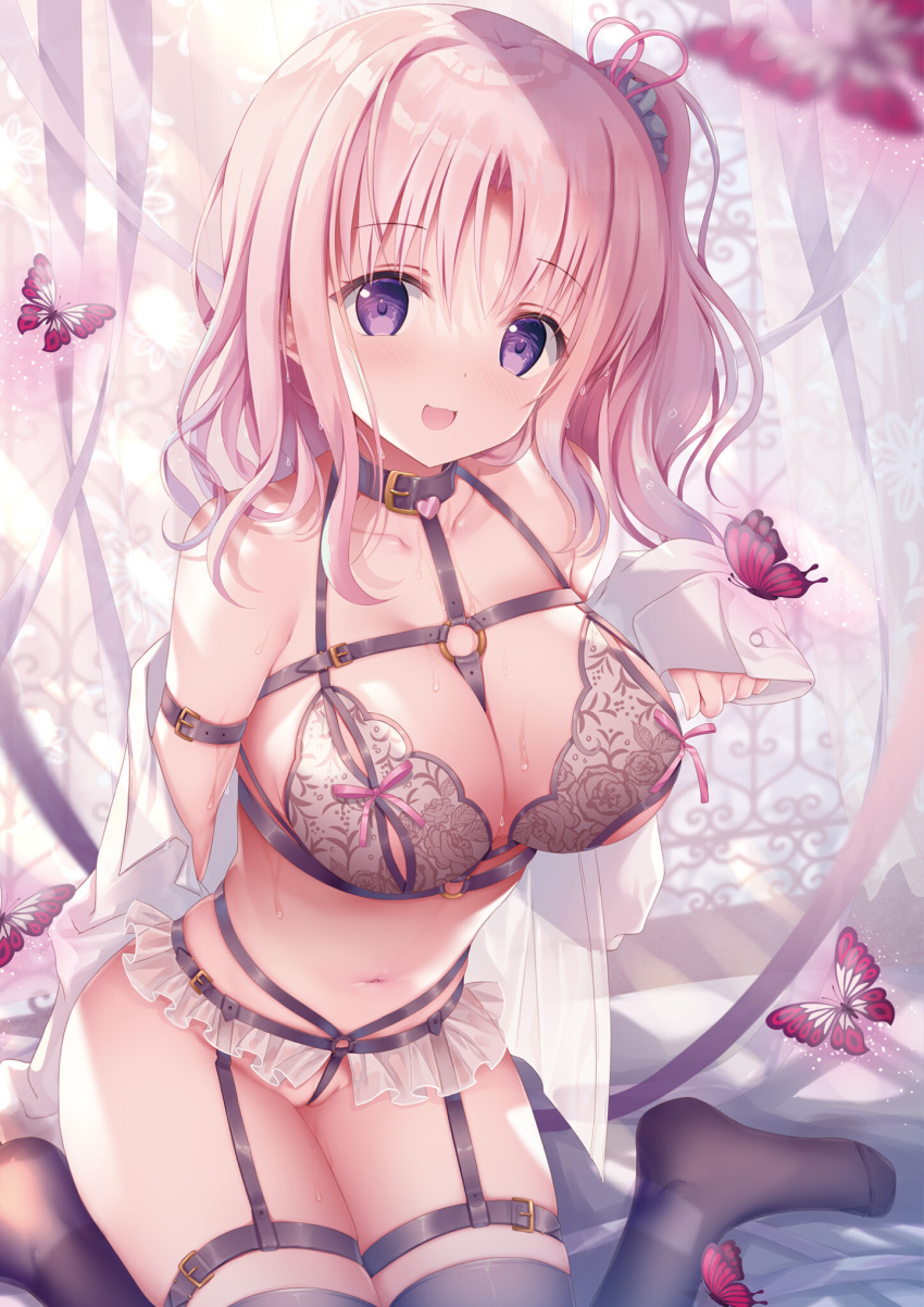1girl :d armband bangs bare_shoulders black_collar black_legwear blush bra breasts bug butterfly collar collarbone day dengeki_moeou dress_shirt eyebrows_visible_through_hair hair_ribbon highres indoors lace lace_bra large_breasts long_hair long_sleeves looking_at_viewer navel nipple_cutout no_panties o-ring one_side_up open_clothes open_mouth open_shirt original pink_hair purple_eyes ribbon shirt sitting skindentation sleeves_past_wrists smile solo sousouman stomach thighhighs underwear wariza white_shirt