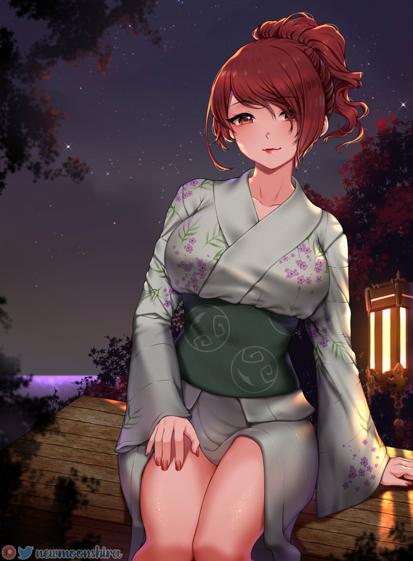 1girl bangs breasts brown_eyes commission eyebrows_visible_through_hair floral_print hand_on_own_thigh highres japanese_clothes kimono kirijou_mitsuru lantern large_breasts leaf leaning_on_object lips lipstick log long_hair looking_at_viewer makeup newmoonshira night night_sky ocean outdoors parted_bangs persona persona_3 persona_3_portable red_eyes red_nails sash signature sitting sitting_on_object sky solo star_(sky) thighs tied_hair tree