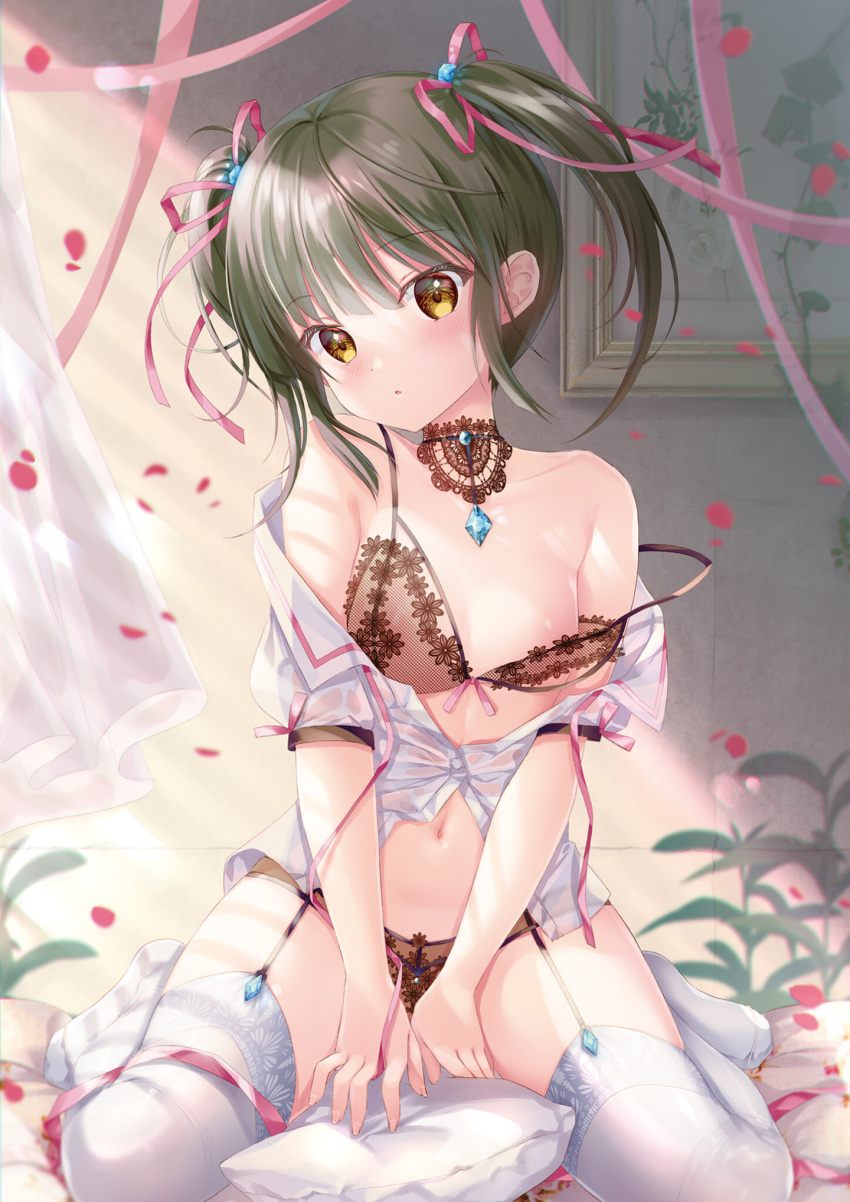 1girl :o bangs bare_shoulders bed bed_sheet bedroom black_hair blush bow bow_bra bra breasts choker collarbone curtains day dengeki_moeou eyebrows_visible_through_hair fingernails garter_straps gem hair_ribbon head_tilt highres indoors jewelry kodama_haruka lace lace_bra lace_choker lace_panties long_fingernails looking_at_viewer medium_hair navel necklace off_shoulder on_bed open_mouth original panties petals pillow pink_ribbon puffy_short_sleeves puffy_sleeves red_ribbon ribbon shirt short_sleeves sitting sitting_on_bed small_breasts solo sousouman spaghetti_strap stomach strap_slip thighhighs twinbox_school twintails underwear wariza white_legwear white_shirt yellow_eyes