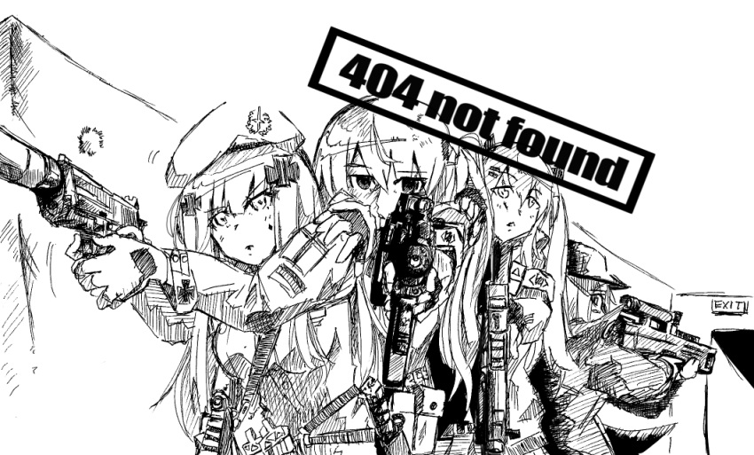 404_(girls'_frontline) 404_logo_(girls'_frontline) 4girls armband assault_rifle bangs beret commentary_request english_text eyebrows_visible_through_hair facial_mark g11_(girls'_frontline) girls'_frontline gloves gun h&amp;k_g11 h&amp;k_hk416 h&amp;k_ump45 h&amp;k_ump9 hair_between_eyes hair_ornament hairclip hat hk416_(girls'_frontline) holding holding_gun holding_weapon indoors jacket jamie_leano long_hair looking_ahead looking_at_viewer looking_back military_jacket monochrome multiple_girls one_side_up rifle scar scar_across_eye scar_on_face teardrop twintails ump45_(girls'_frontline) ump9_(girls'_frontline) upper_body weapon