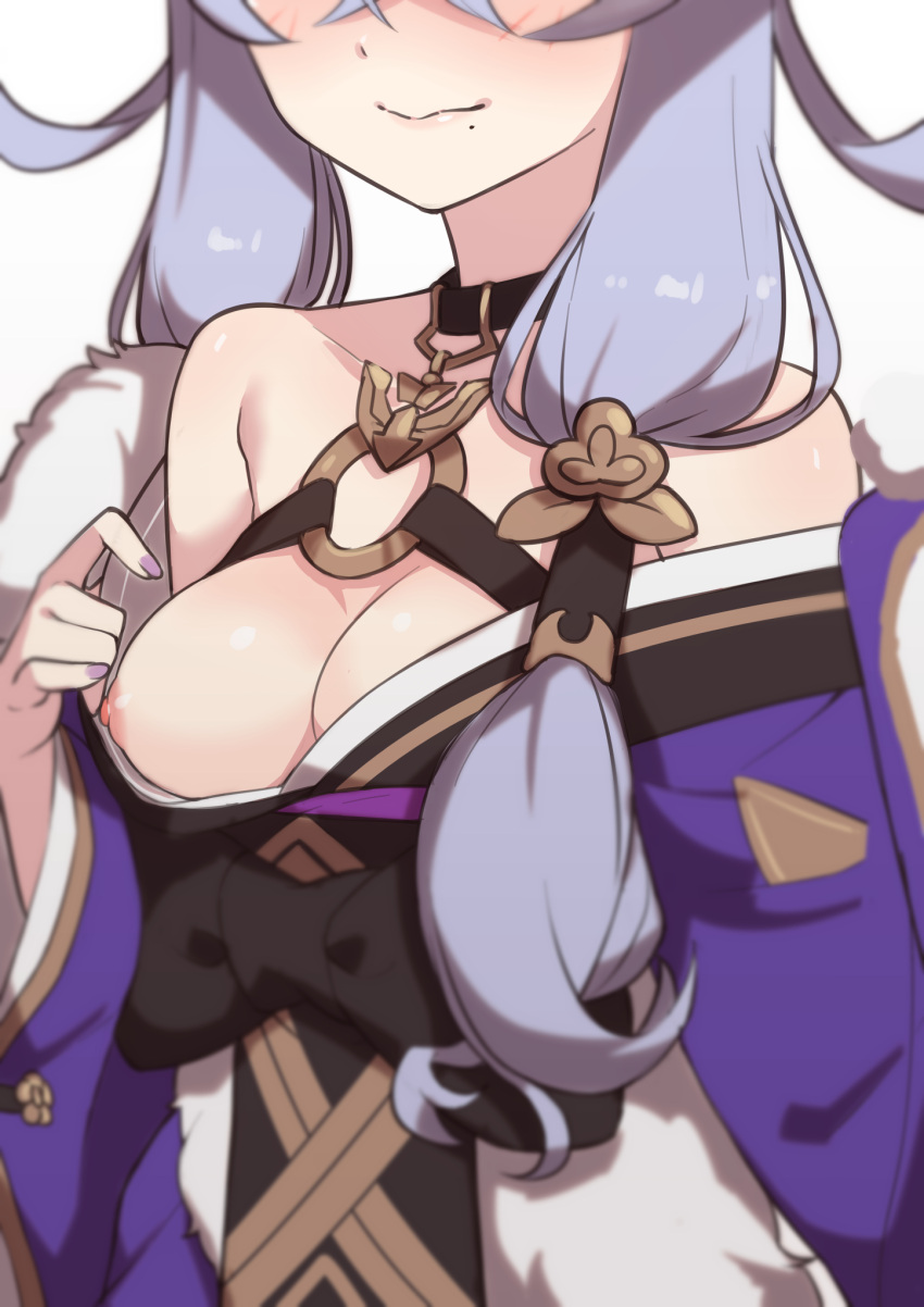 1girl bare_shoulders black_bow blurry blush bow breasts choker cleavage closed_mouth depth_of_field grey_hair head_out_of_frame highres japanese_clothes kimono kimono_pull lips long_hair long_sleeves medium_breasts mole mole_under_mouth morisobo nijisanji nipples o-ring off_shoulder one_breast_out purple_kimono purple_nails rindou_mikoto simple_background solo upper_body virtual_youtuber white_background