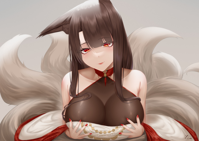 1girl absurdres akagi_(azur_lane) akagi_(dawn_phoenix's_summons)_(azur_lane) animal_ear_fluff animal_ears artist_name azur_lane bangs bare_shoulders black_legwear blush bodystocking breasts brown_hair china_dress chinese_clothes cleavage closed_mouth collarbone dress eyebrows_visible_through_hair fox_ears fox_tail highres ichikushi_mojibake large_breasts lips long_hair looking_at_viewer nail_polish official_alternate_costume red_eyes red_nails shaded_face simple_background solo tail upper_body white_dress