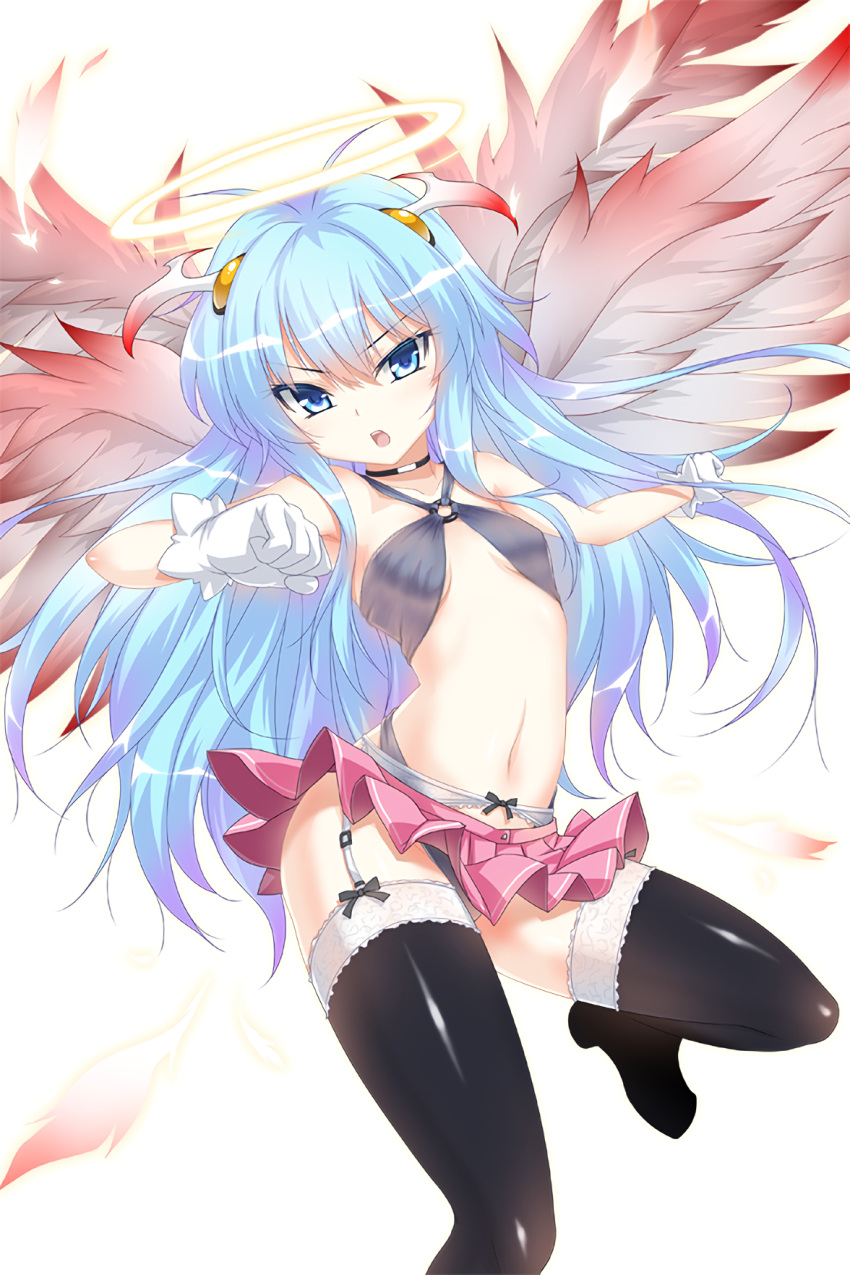 19_(kaitou19) 1girl anael_(soccer_spirits) angel antenna_hair arm_up bare_shoulders black_legwear black_panties blue_eyes blue_hair boots breasts clothes_lift frilled_skirt frills garter_belt gloves halo head_wings highres leg_up long_hair navel official_art open_mouth panties resized sidelocks skirt skirt_lift small_breasts soccer_spirits solo thigh_boots thighhighs underboob underwear upscaled very_long_hair white_gloves wings