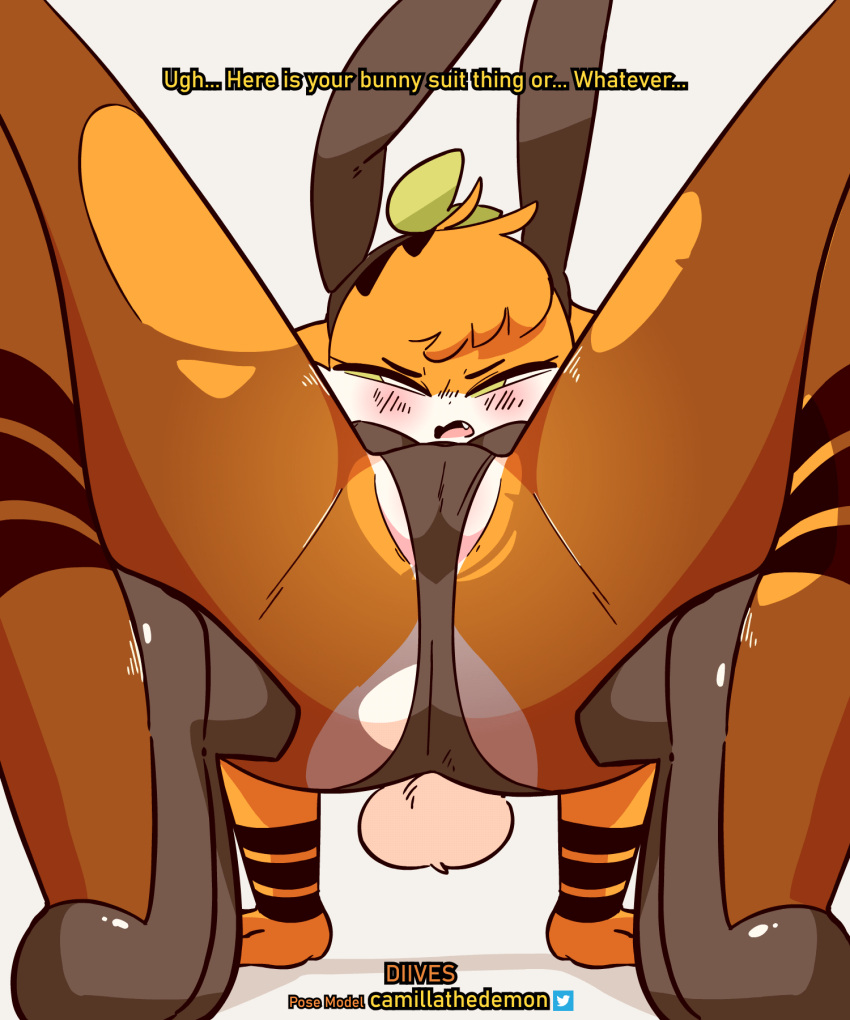 2022 animated anthro blush bunny_costume clothing costume cute_fangs d&ograve;u dialogue diives english_text felid female hi_res looking_at_viewer mammal open_mouth pantherine solo text tiger xingzuo_temple