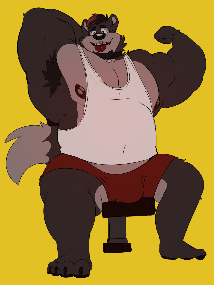 big_biceps big_nipples big_pecs bulge canid canine canis clothing collar exercise facial_hair flexing flexing_bicep hair hi_res invalid_tag looking_at_viewer male mammal musclegut muscular nipples paws pecs shirt solo tail tank_top tcw tongue tongue_out topwear wolf workout