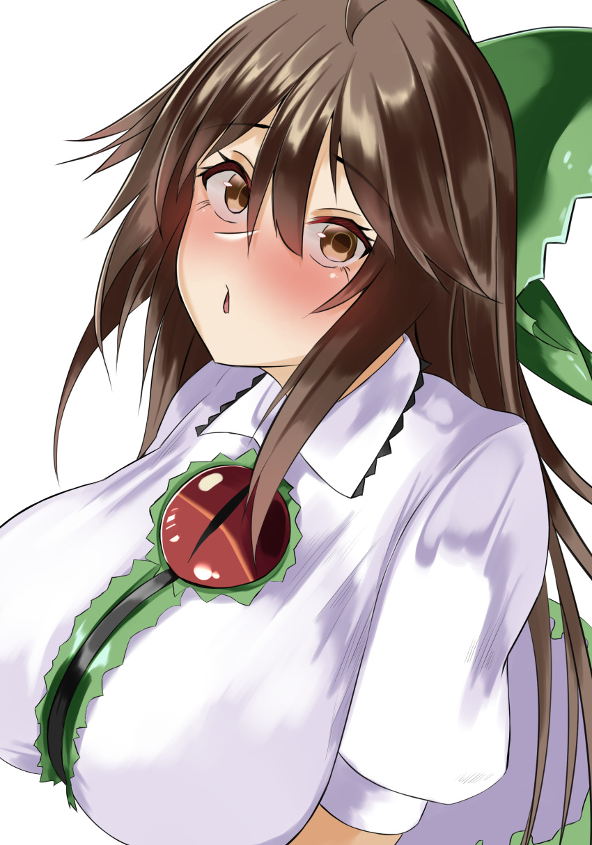 1girl absurdres bangs blush bow breasts brown_eyes brown_hair center_frills collared_shirt commentary_request control_rod eyebrows_visible_through_hair frilled_shirt_collar frills green_bow hair_between_eyes highres huge_breasts kibagon_(shirotsume) long_hair looking_at_viewer open_mouth reiuji_utsuho shirt short_sleeves simple_background solo third_eye touhou upper_body white_background white_shirt