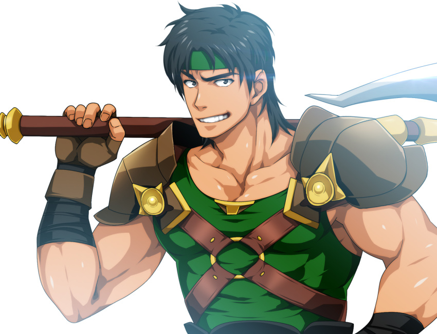 1boy armor axe black_eyes black_hair brown_gloves collarbone commentary_request fingerless_gloves fire_emblem fire_emblem:_thracia_776 gloves green_headband green_shirt grin headband holding holding_axe holding_weapon looking_at_viewer male_focus medium_hair muscular nura orsin_(fire_emblem) over_shoulder partial_commentary pauldrons shirt shoulder_armor simple_background sleeveless sleeveless_shirt smile solo upper_body weapon weapon_over_shoulder white_background wrist_wrap