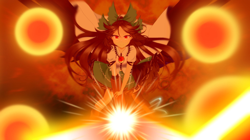 1girl arm_cannon bangs bird_wings black_legwear black_wings bow breasts brown_hair cape closed_mouth collared_shirt commentary_request control_rod cosmos_0131 frilled_shirt_collar frilled_skirt frills full_body green_bow green_skirt hair_bow highres long_hair looking_at_viewer ponytail red_eyes reiuji_utsuho shirt short_sleeves single_thighhigh skirt small_breasts smile solo spell_card thighhighs third_eye touhou touhou_gouyoku_ibun weapon white_cape white_shirt wings