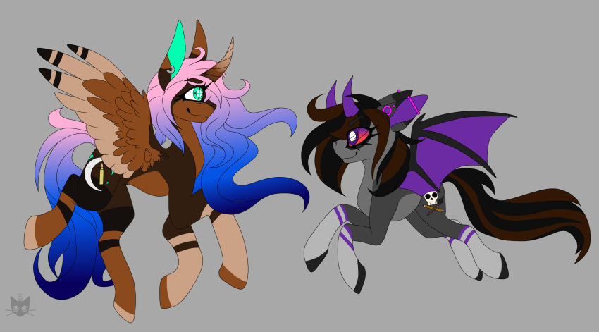 absurd_res bat_pony bat_wings brown_body conditional_dnp crosshair_eyes cutie_mark duo ear_piercing equid equine feathered_wings feathers female feral gradient_hair gynomorph hair hasbro hati_(slates1n) hi_res horn horse intersex mammal mane membrane_(anatomy) membranous_wings model_sheet my_little_pony piercing pony slate_(slates1n) slates1n winged_unicorn wings