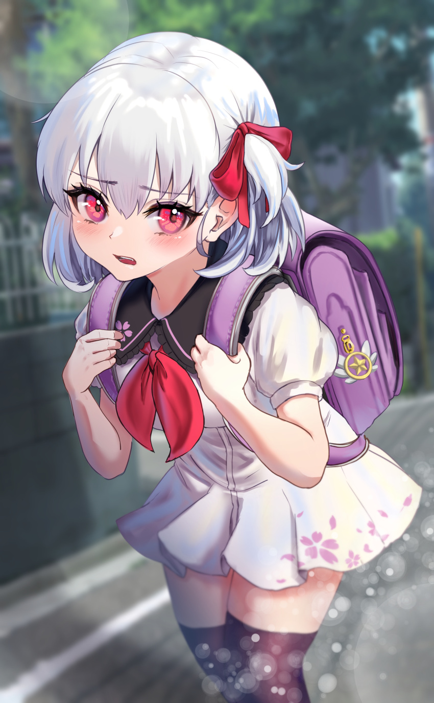 1girl absurdres backpack bag bangs black_legwear blush breasts dress fate/grand_order fate_(series) hair_ribbon highres kama_(fate) looking_at_viewer neckerchief nepodayo one_side_up open_mouth puffy_short_sleeves puffy_sleeves red_eyes ribbon short_hair short_sleeves silver_hair small_breasts solo thighhighs thighs white_dress