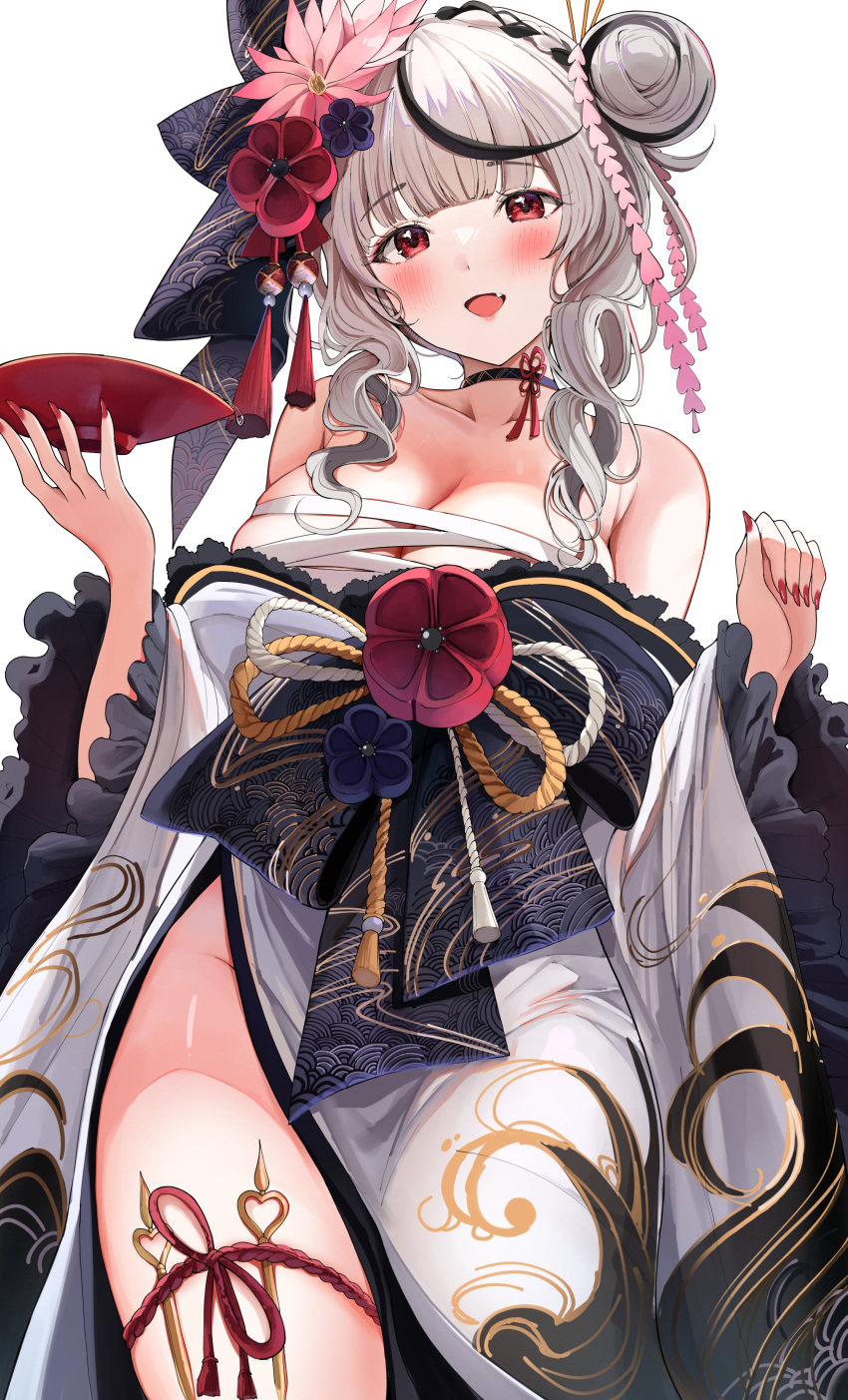 1girl :d absurdres bangs black_choker black_hair blush braid breasts chest_sarashi choker cleavage commentary_request cup eyebrows_visible_through_hair fang flower frilled_sleeves frills hair_bun hair_flower hair_ornament hair_ribbon highres holding holding_cup hololive japanese_clothes kimono large_breasts long_hair long_sleeves looking_at_viewer multicolored_hair nail_polish off_shoulder pink_flower red_eyes red_nails ribbon sak_(lemondisk) sakamata_chloe sakazuki sarashi silver_hair simple_background smile solo streaked_hair tassel thigh_strap thighhighs virtual_youtuber white_background white_kimono wide_sleeves