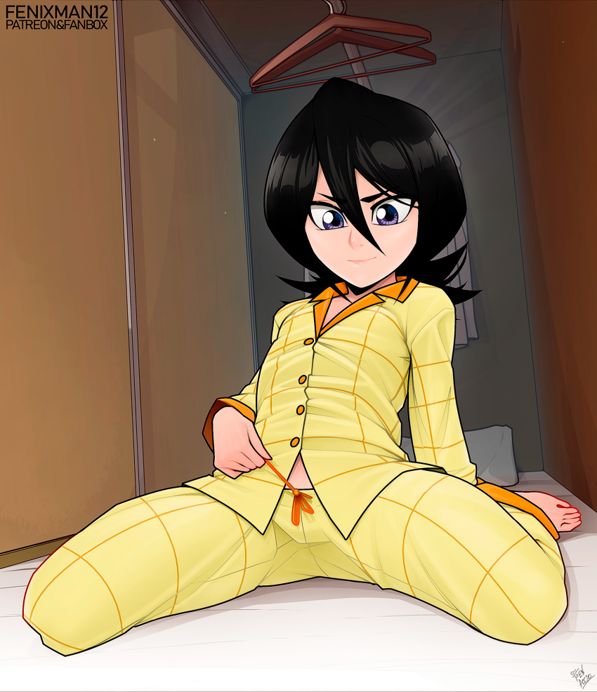 1girl artist_name bangs barefoot black_hair bleach breasts buttons closed_mouth closet clothes_hanger commentary determined door drawstring fenixman12 futon hair_between_eyes highres kuchiki_rukia leaning_back light_smile midriff_peek on_bed pajamas pillow pulling purple_eyes reward_available romaji_commentary short_hair signature sitting small_breasts solo spread_legs v-shaped_eyebrows wariza yellow_pajamas