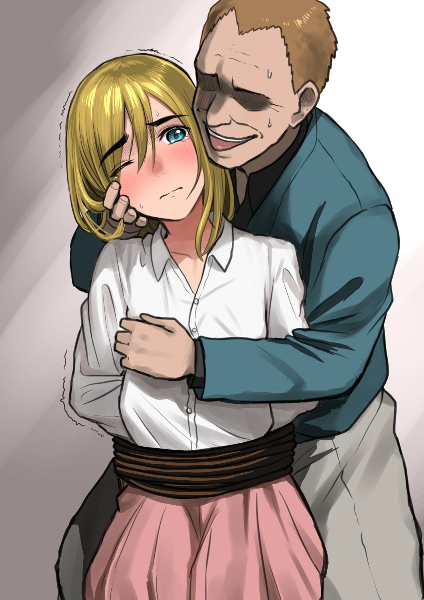 1boy 1girl absurdres arms_behind_back blonde_hair blue_eyes blue_skirt blush bound breast_grab breasts brown_hair captured christa_renz commentary embarrassed grabbing grey_background grey_pants hand_on_another's_chest hand_on_another's_face head_tilt highres light_frown long_hair molestation nishikino_kee no_eyes one_eye_closed pants pink_skirt rope shingeki_no_kyojin shirt skirt small_breasts tongue tongue_out trembling white_shirt wrinkled_skin