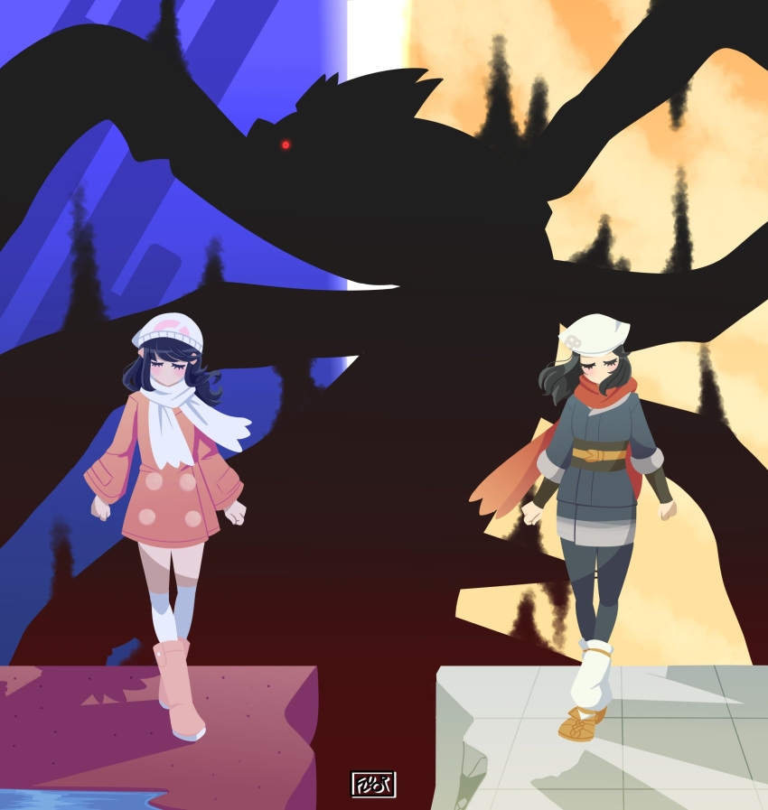 2girls akari_(pokemon) beanie black_hair boots buttons closed_eyes dawn_(pokemon) distortion_world double-breasted english_commentary fluorart full_body galaxy_expedition_team_survey_corps_uniform giratina hat head_scarf highres jacket medium_hair multiple_girls no_mouth pink_footwear pink_jacket pokemon pokemon_(creature) pokemon_(game) pokemon_dppt pokemon_legends:_arceus red_scarf scarf shadow signature standing walking white_legwear white_scarf