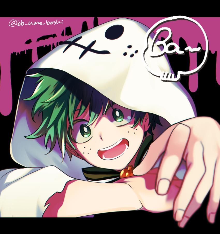 1boy boku_no_hero_academia bow bowtie freckles ghost_costume green_hair highres hood hood_up letterboxed looking_at_viewer male_focus midoriya_izuku open_mouth portrait reaching_out smile solo twitter_username ume_(326310)