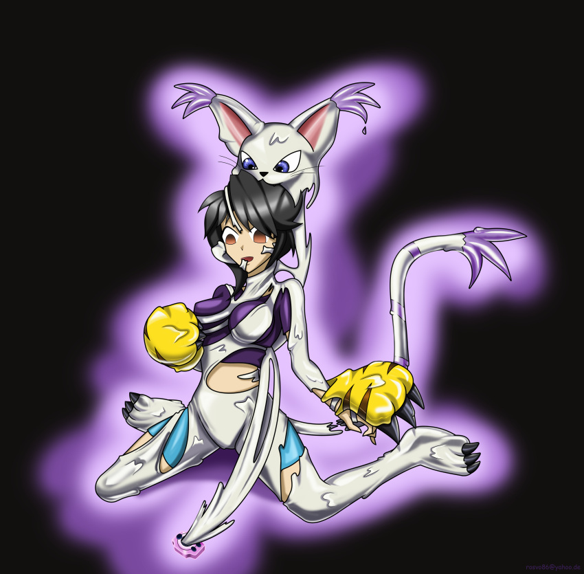 absurd_res anthro bandai_namco black_background black_hair blue_eyes brainwashing breasts brown_eyes clothing digimon digimon_(species) digivice duo fan_character female gatomon goo_transformation hair hi_res human human_to_anthro hypnosis living_clothing mammal mind_control possession rosvo rubber simple_background species_transformation suit_transformation symbiote torn_clothing trance transformation