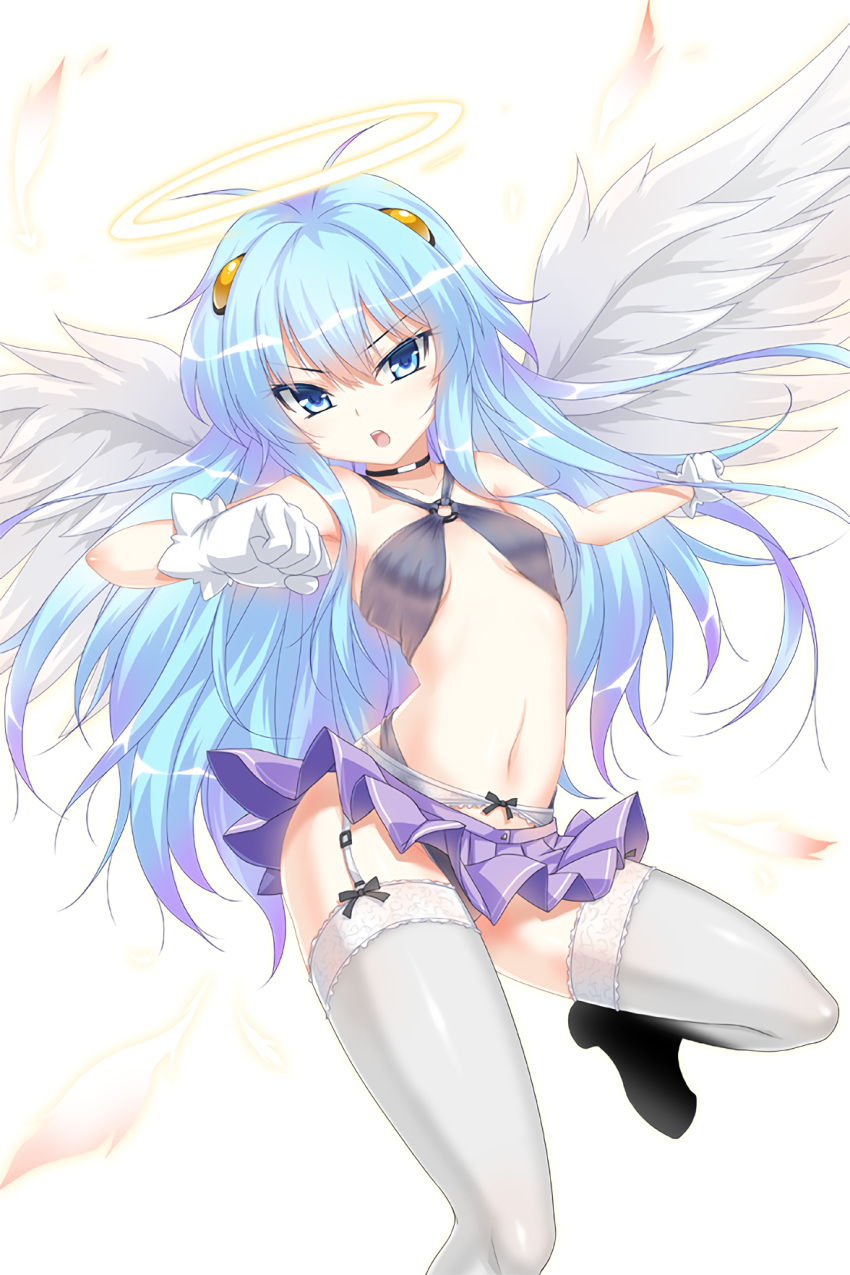 19_(kaitou19) 1girl anael_(soccer_spirits) angel antenna_hair arm_up bare_shoulders black_panties blue_eyes blue_hair boots breasts clothes_lift frilled_skirt frills garter_belt gloves halo head_wings highres leg_up long_hair looking_at_viewer navel official_art open_mouth panties resized shoes sidelocks skirt skirt_lift small_breasts soccer_spirits solo thigh_boots thighhighs underboob underwear upscaled very_long_hair white_gloves white_legwear wings