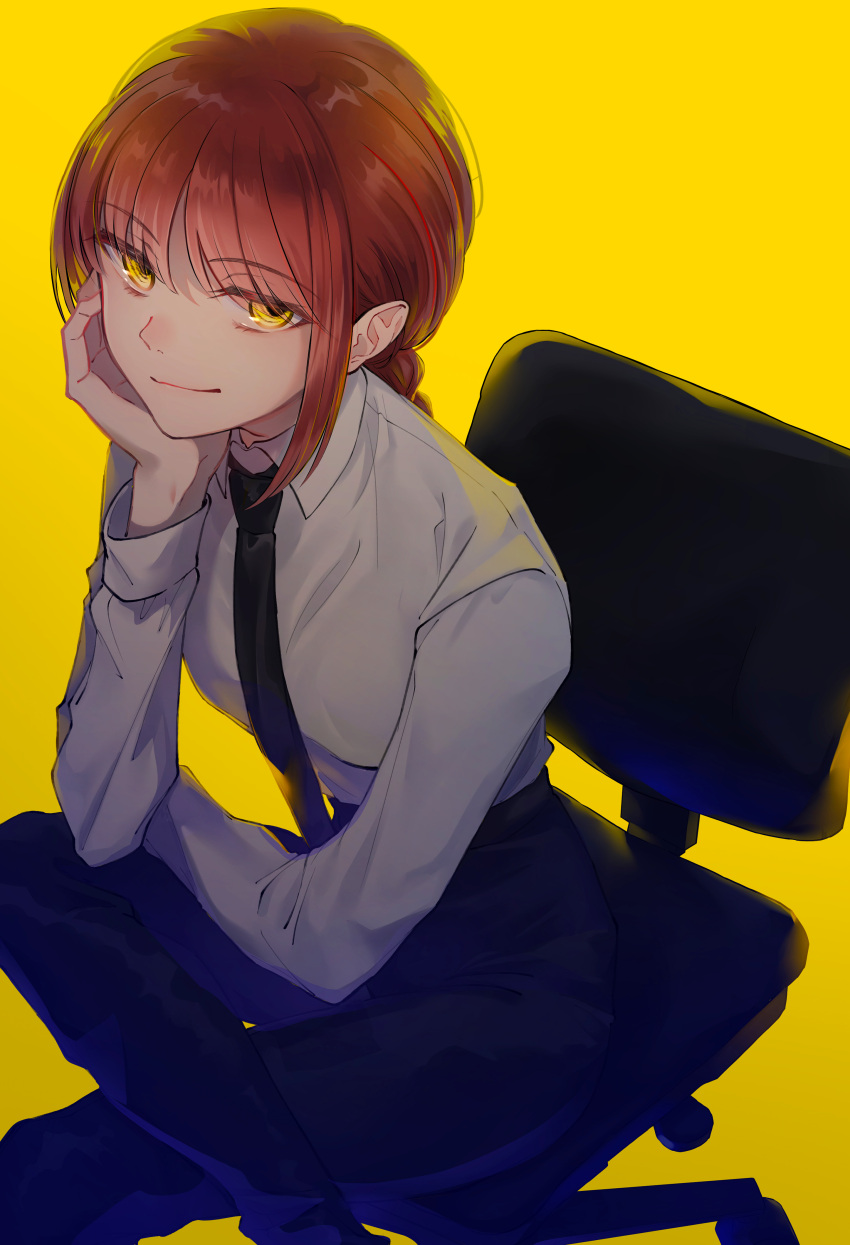 1girl absurdres bangs black_necktie black_pants braid braided_ponytail breasts chainsaw_man chair collared_shirt eyebrows_visible_through_hair formal highres long_hair long_sleeves looking_at_viewer makima_(chainsaw_man) necktie office_chair office_lady pants red_hair ringed_eyes rubianeko shirt simple_background sitting smile solo suit white_shirt yellow_background yellow_eyes