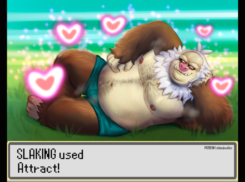 &lt;3 2022 absurd_res anthro belly big_belly brown_body clothing english_text hi_res lying male moobs nintendo nipples overweight overweight_male pok&eacute;mon pok&eacute;mon_(species) shibadoodles slaking solo text underwear video_games