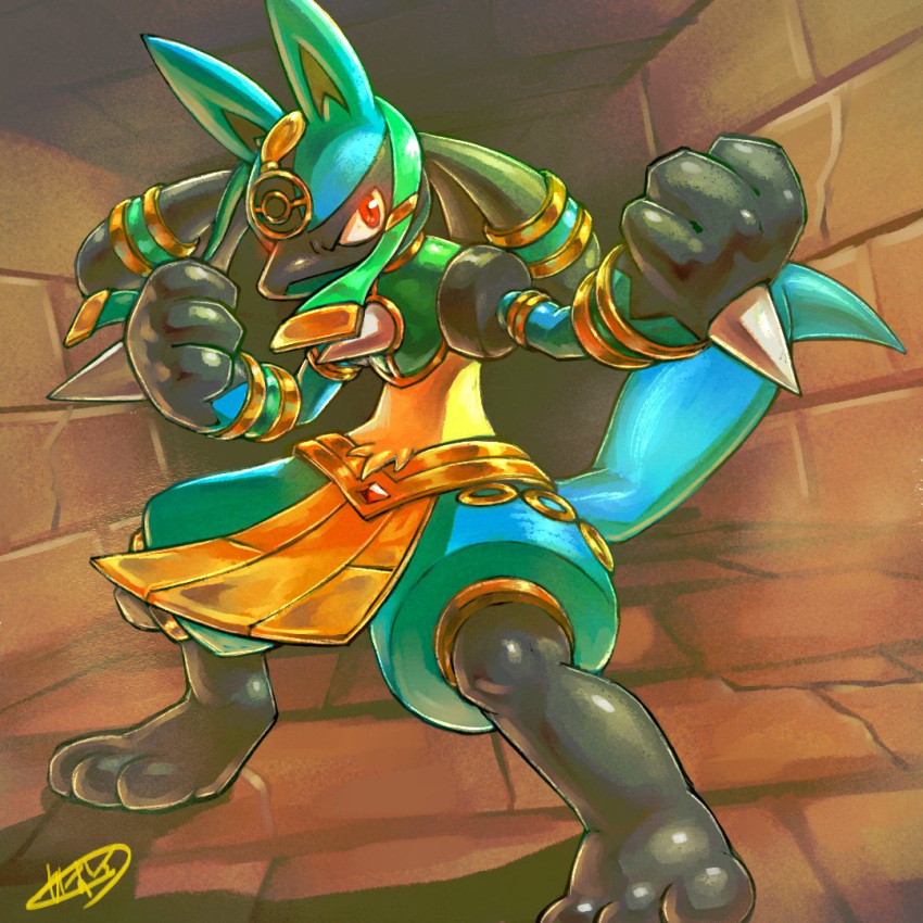 2022 action_pose ambiguous_gender anthro brick_wall clothing kaosu0195 lucario nintendo pok&eacute;mon pok&eacute;mon_(species) pose red_eyes ruins_style_lucario signature solo video_games wall_(structure)