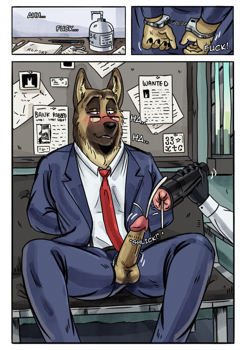 33xtc absurd_res anthro bdsm blush bodily_fluids bondage bound canid canine canis chief_smirnov clothing comic cuff_(restraint) cum detailed_background dialogue domestic_dog ejaculation eyewear genital_fluids german_shepherd glasses handcuffed handcuffs hands_behind_back herding_dog hi_res lube_bottle male male/male mammal masturbation metal_cuffs moan offscreen_character pastoral_dog penetrable_sex_toy restraints sex_toy solo submissive submissive_male suit