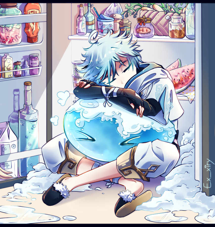 1boy alcohol blue_slime bottle chinese_clothes chongyun_(genshin_impact) colored_skin commentary crossed_arms crossed_legs english_commentary ex_xiry food fruit genshin_impact highres ice indoors kitchen light_blue_hair liquor male_focus monster refrigerator shaved_ice short_hair sleeping slime_(creature) slime_(substance) slippers snow watermelon