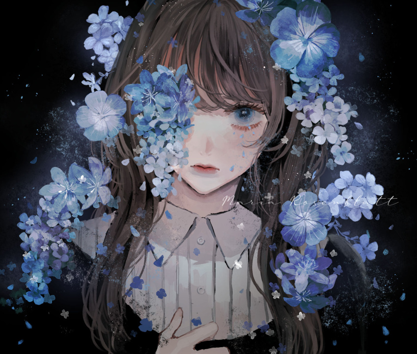 1girl bangs blue_eyes blue_flower blunt_bangs brown_hair clothing_request collared_shirt flower hair_flower hair_ornament highres long_hair looking_at_viewer original petals shirt solo yumeno_yume