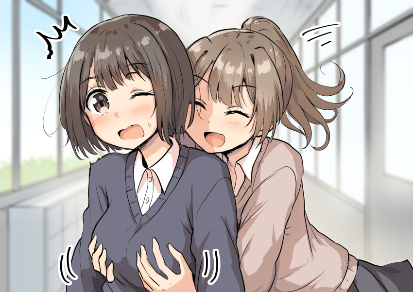 2girls :d ^_^ bangs betock blunt_bangs breast_grab breasts brown_hair closed_eyes emphasis_lines eyebrows_visible_through_hair grabbing grabbing_from_behind hallway highres indoors medium_breasts medium_hair multiple_girls notice_lines one_eye_closed original ponytail smile speed_lines sweatdrop sweatshirt upper_body yuri