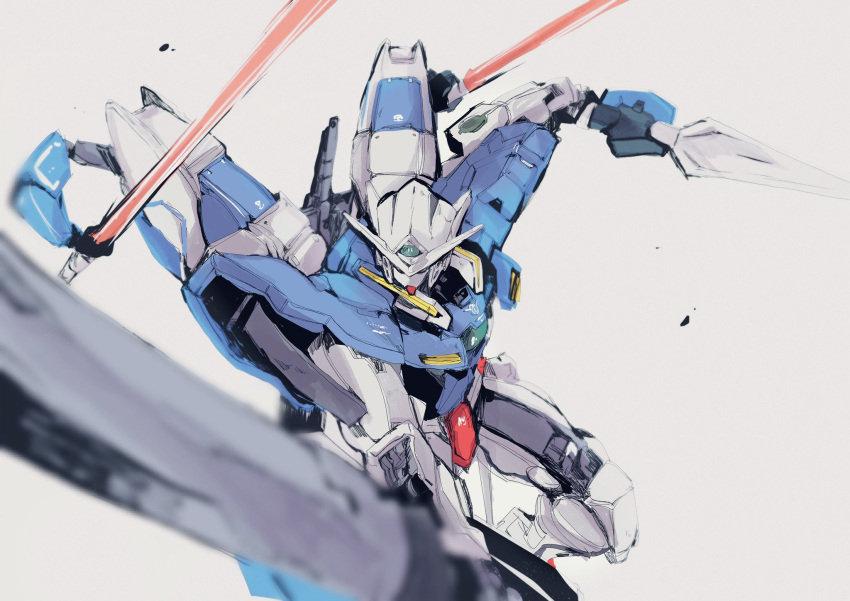 beam_saber commentary dual_wielding extra_arms gundam gundam_00 gundam_00_revealed_chronicle gundam_devise_exia gundam_exia highres holding holding_sword holding_weapon kare_(0621utak) mecha multiple_weapons no_humans robot slashing solo sword v-fin weapon